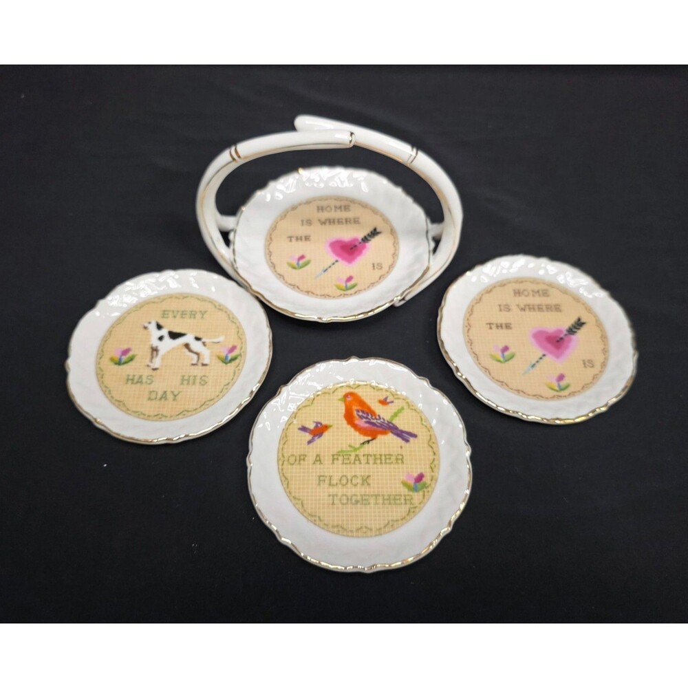 Vintage Ardalt Porcelain Coaster Set with Holder Faux Cross Stitch Japan 4pc
